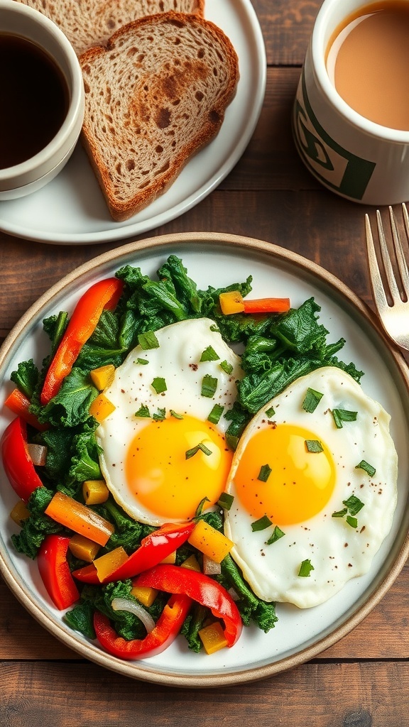 A plate of kale breakfast scramble with eggs, bell peppers, and onions, garnished with herbs, alongside toast and coffee.